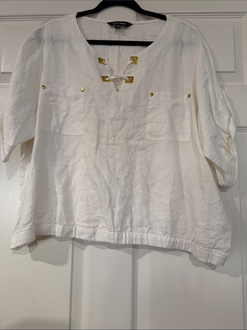 Ellen Tracy White Linen-Look Shirt Top with Black Label